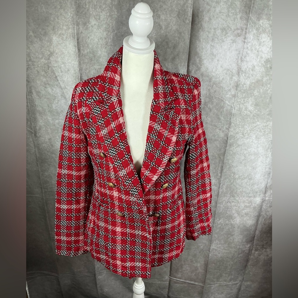 SHEIN Red Checkered Double-Breasted Blazer